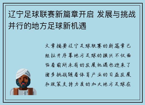 辽宁足球联赛新篇章开启 发展与挑战并行的地方足球新机遇